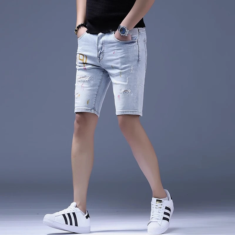 Cebrodz牛仔裤男士夏季日常休闲薄款五分裤潮流时尚街头破洞短裤