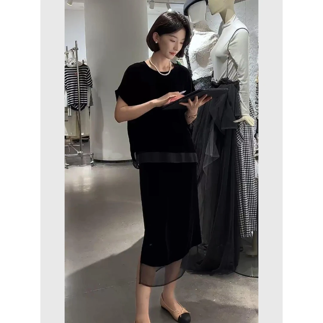 巨好看夏装一整套法式赫本风气质独特绝美漂亮黑色丝绒上衣套装裙
