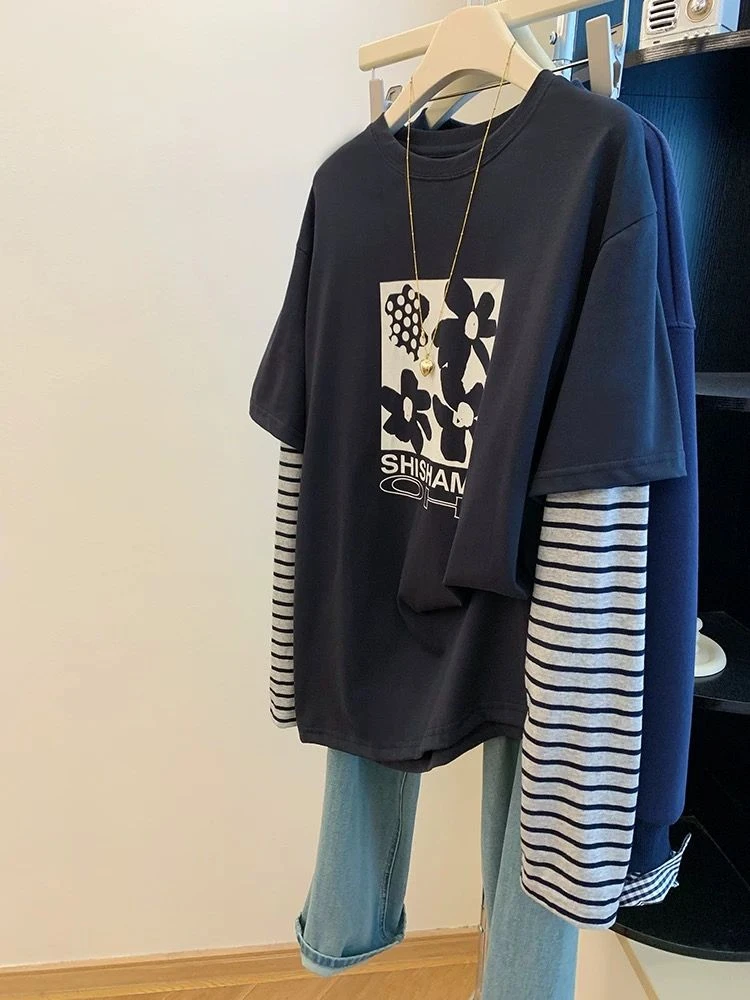 胖mm大码女装240斤藏青色假两件拼接条纹长袖t恤女宽松打底衫上衣