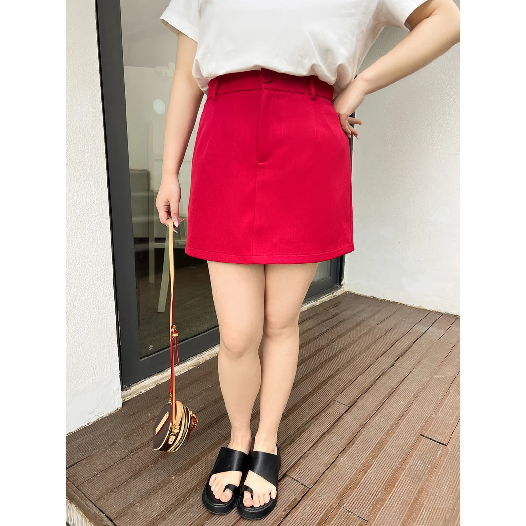 【3月3日新品】大码百分百春季短裙子气质A字红色西装半身裙0413