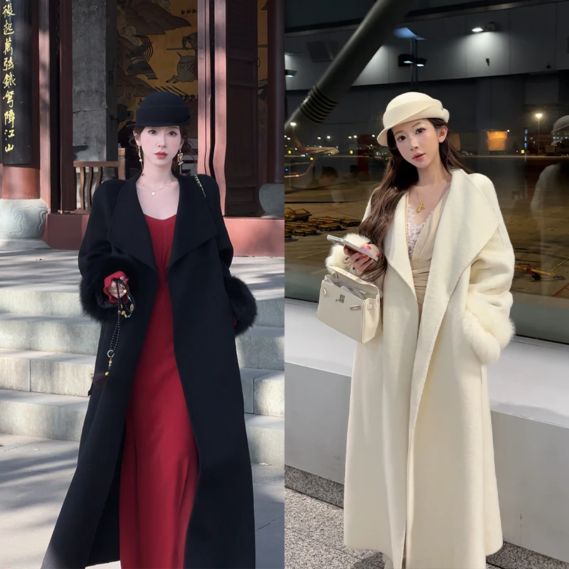 小雨姐姐【云境暖绒】双面毛呢绵羊毛大衣可拆卸狐狸毛袖口气质外套