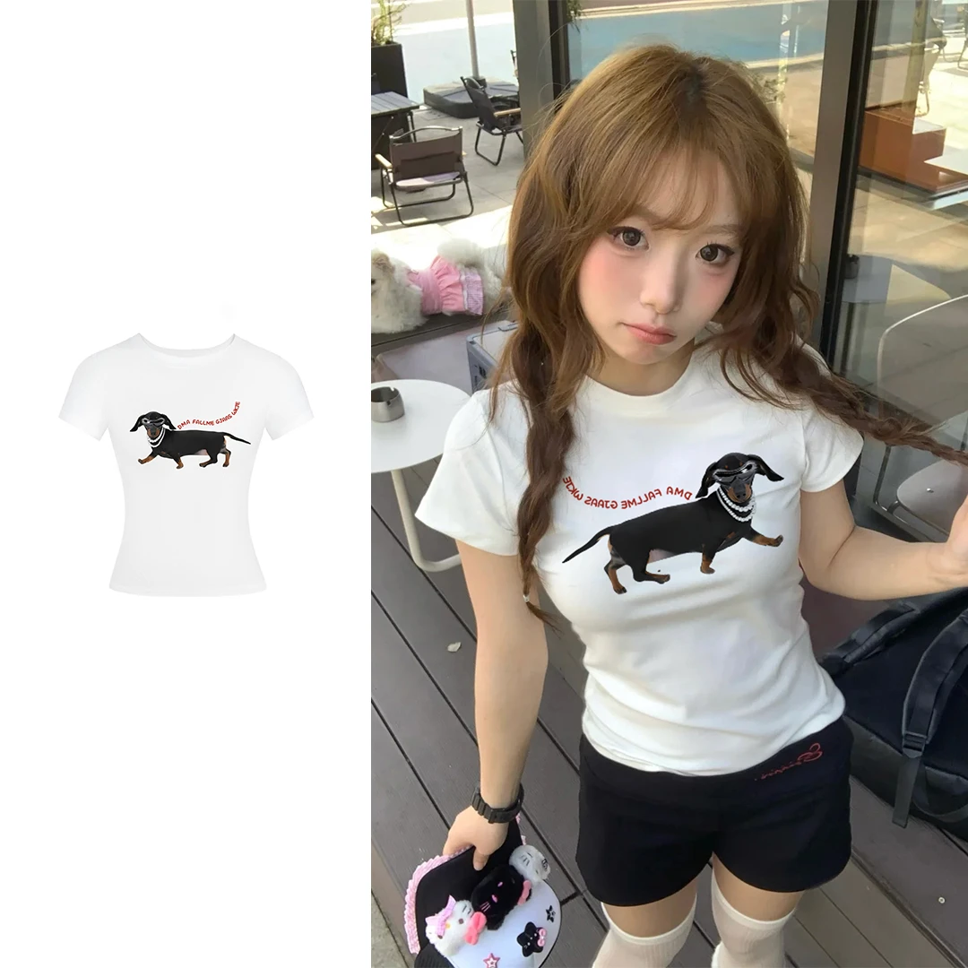 美式腊肠狗印花短袖t恤女夏季新款复古修身显瘦辣妹正肩短款上衣