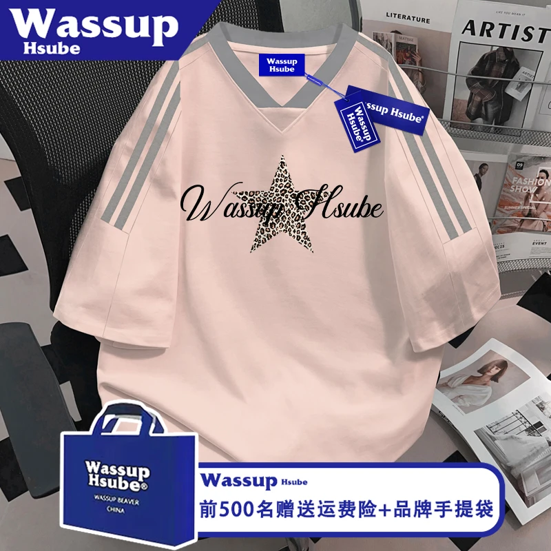 WASSUP HSUBE原创豹纹星星印花休闲短袖夏季纯棉上衣男女款V领T恤