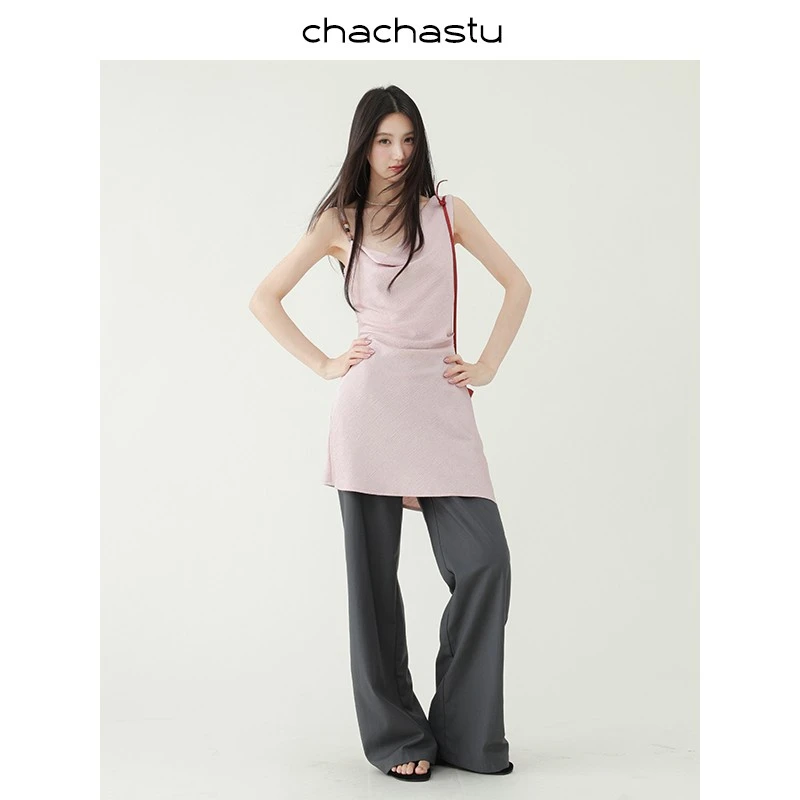 CHACHASTU【出游】美丽树莓粉 不对称叠穿串珠吊带叠穿H4272W