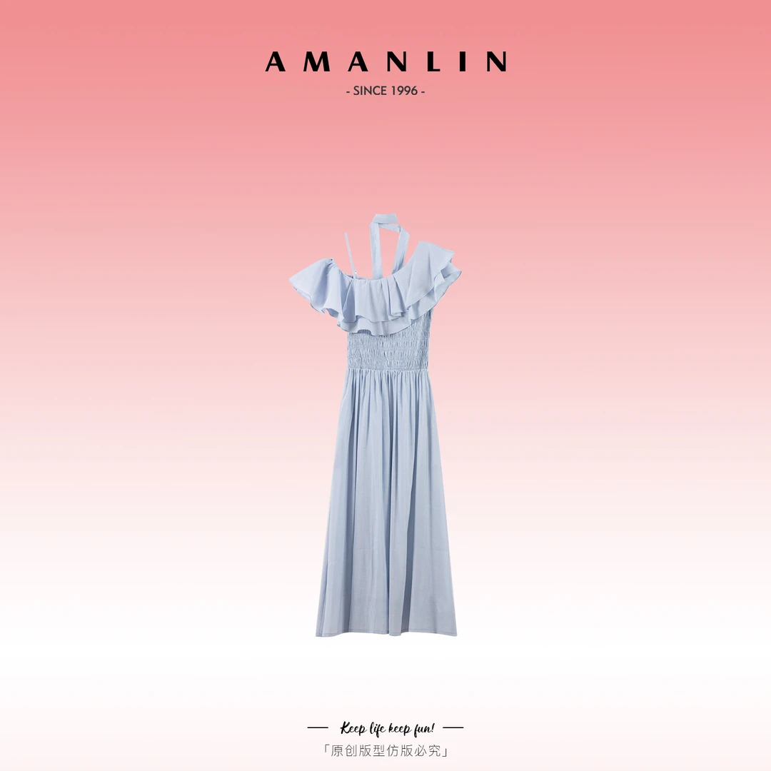 AMANLIN/阿谩琳夏季欧若风挂脖高级感百搭纯色纱网连衣裙D595879
