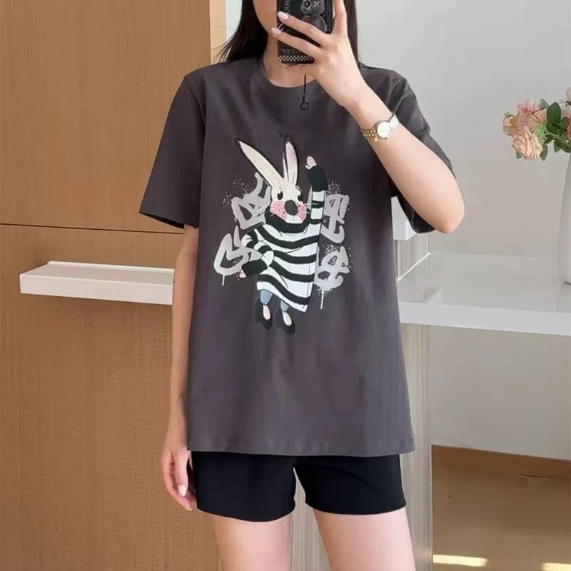 7064浩新款夏季韩版趣味卡通条纹兔子印花大版T