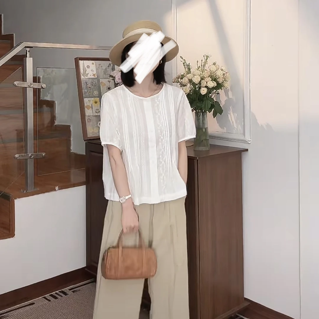 日系圆领花边刺绣蕾丝衬衣小个子宽松短袖森系棉上衣250503