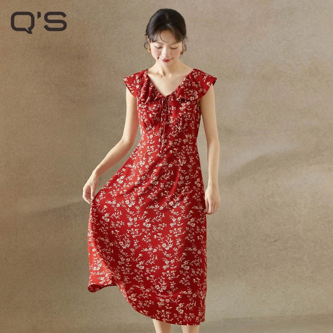 秸熙夏季新款法式荷叶边连衣裙小飞袖设计收腰印花裙5XB662