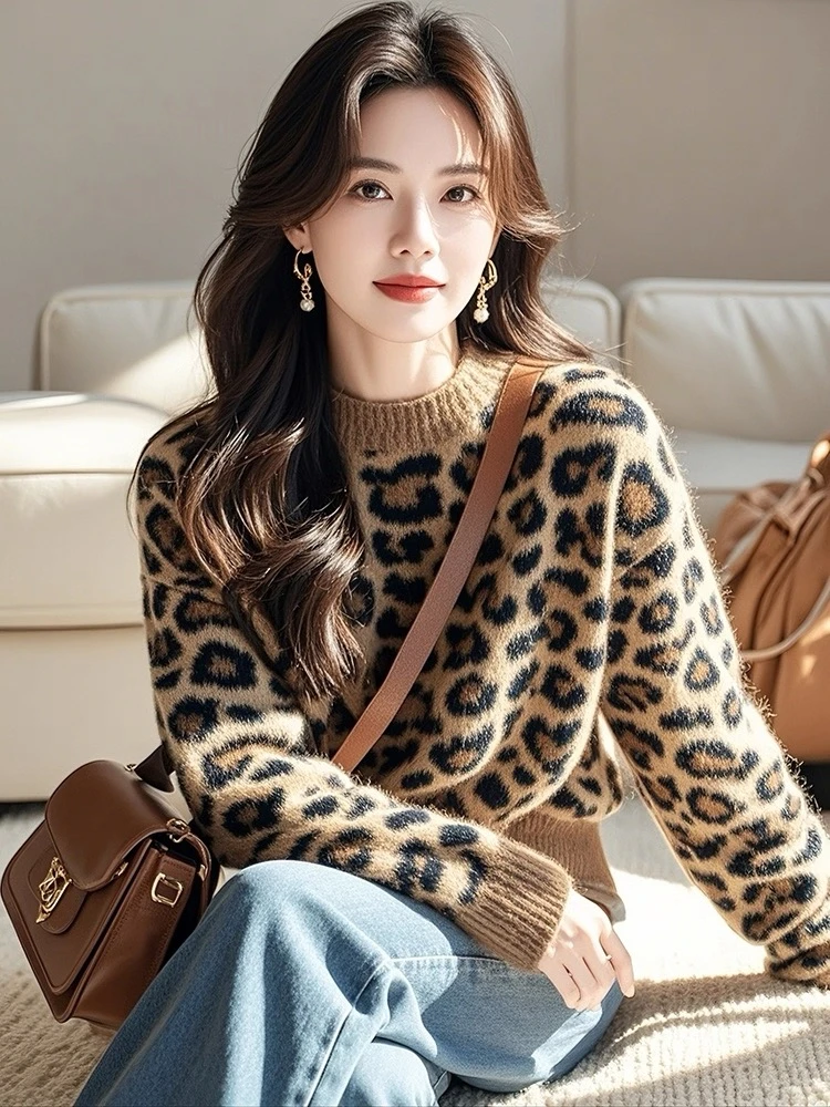 0042 Y146豹纹软糯圆领毛衣女2025秋冬新款洋气高级感百搭大仓库