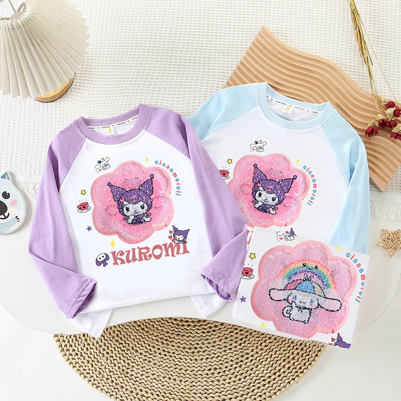 亮片可变脸库洛米衣服纯棉插肩长袖T恤儿童长袖春秋女童上衣打底