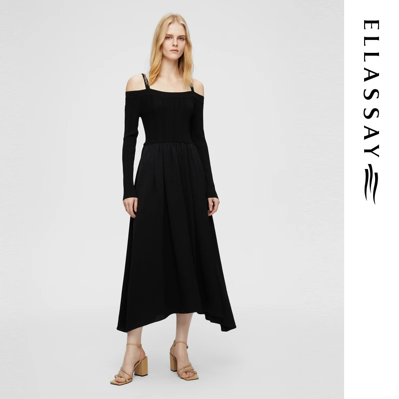 ELLASSAY歌力思2025早春欧若假日风复古一字肩连衣裙EWB361Y06400