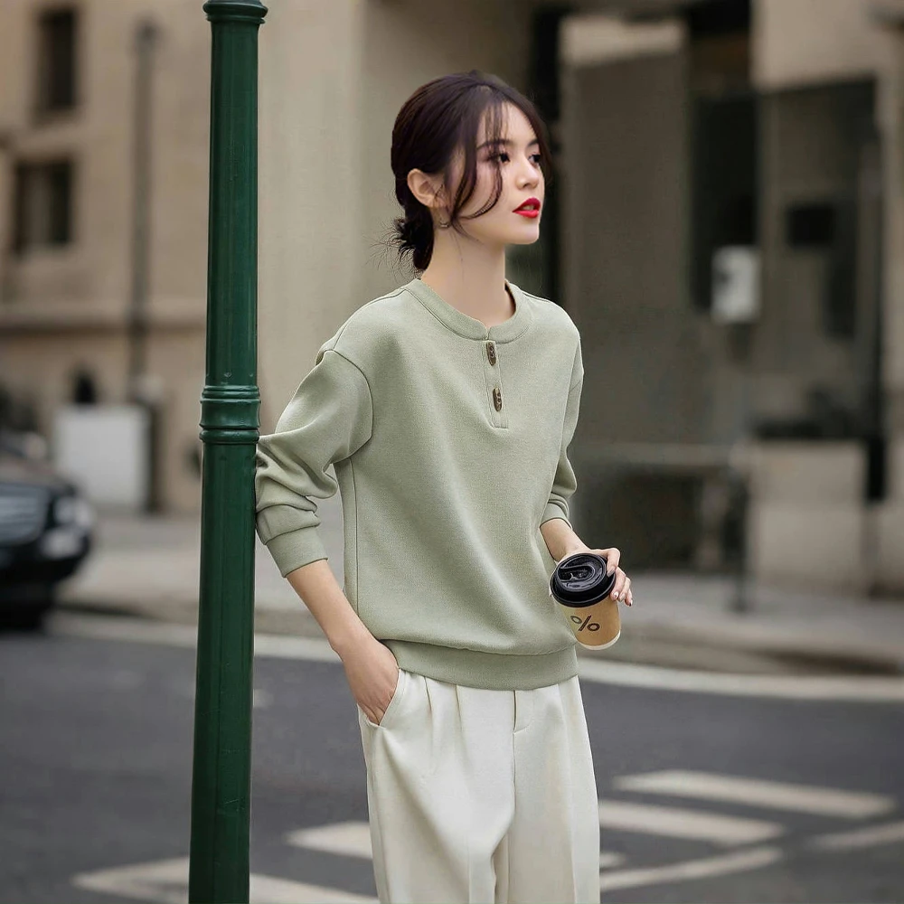 新中式国风牛角扣棉质卫衣女2025春季新款纯色外套设计感立领上衣