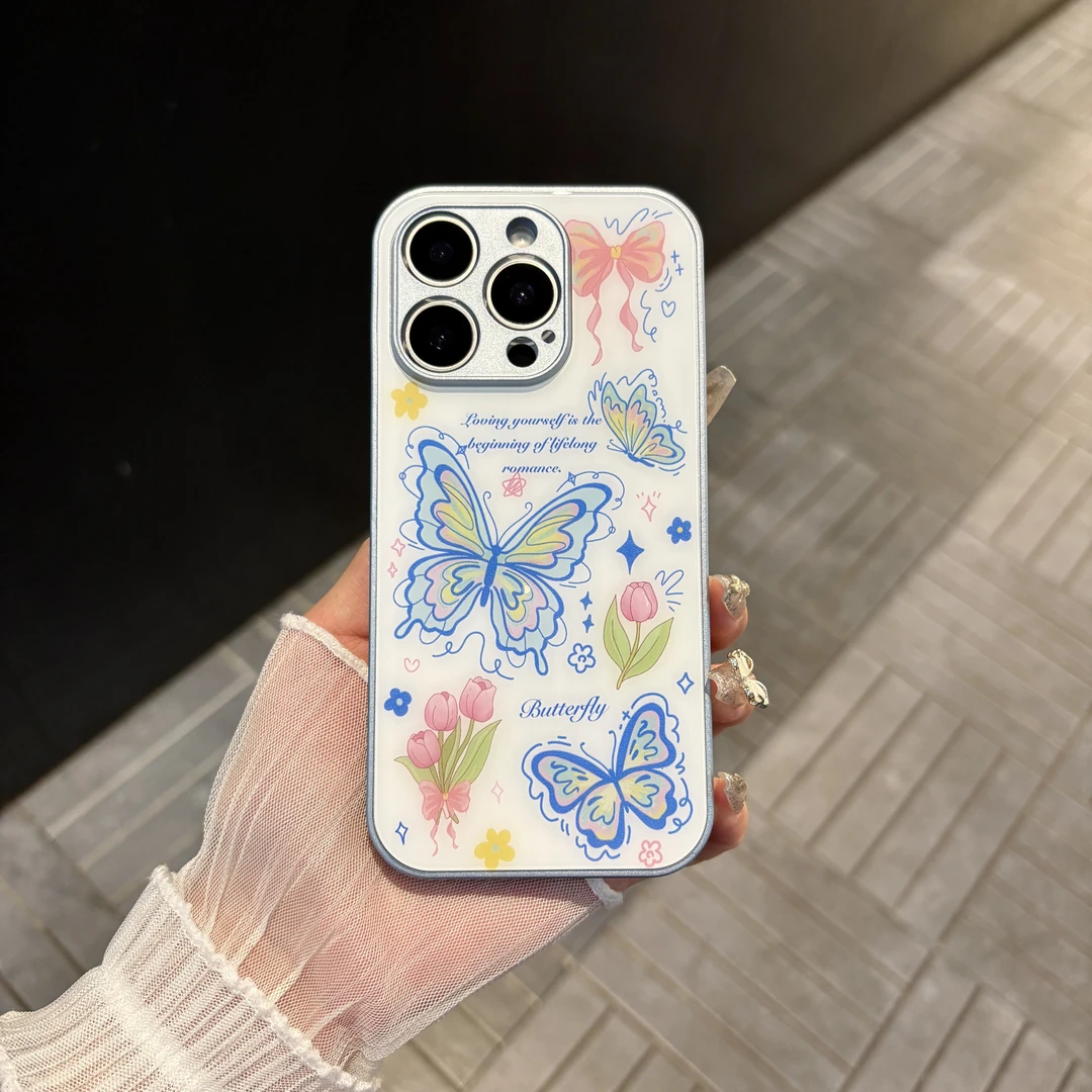 苹果/华为/oppo/vivo/小米 ins炫彩蝴蝶适用iPhone16玻璃手机壳