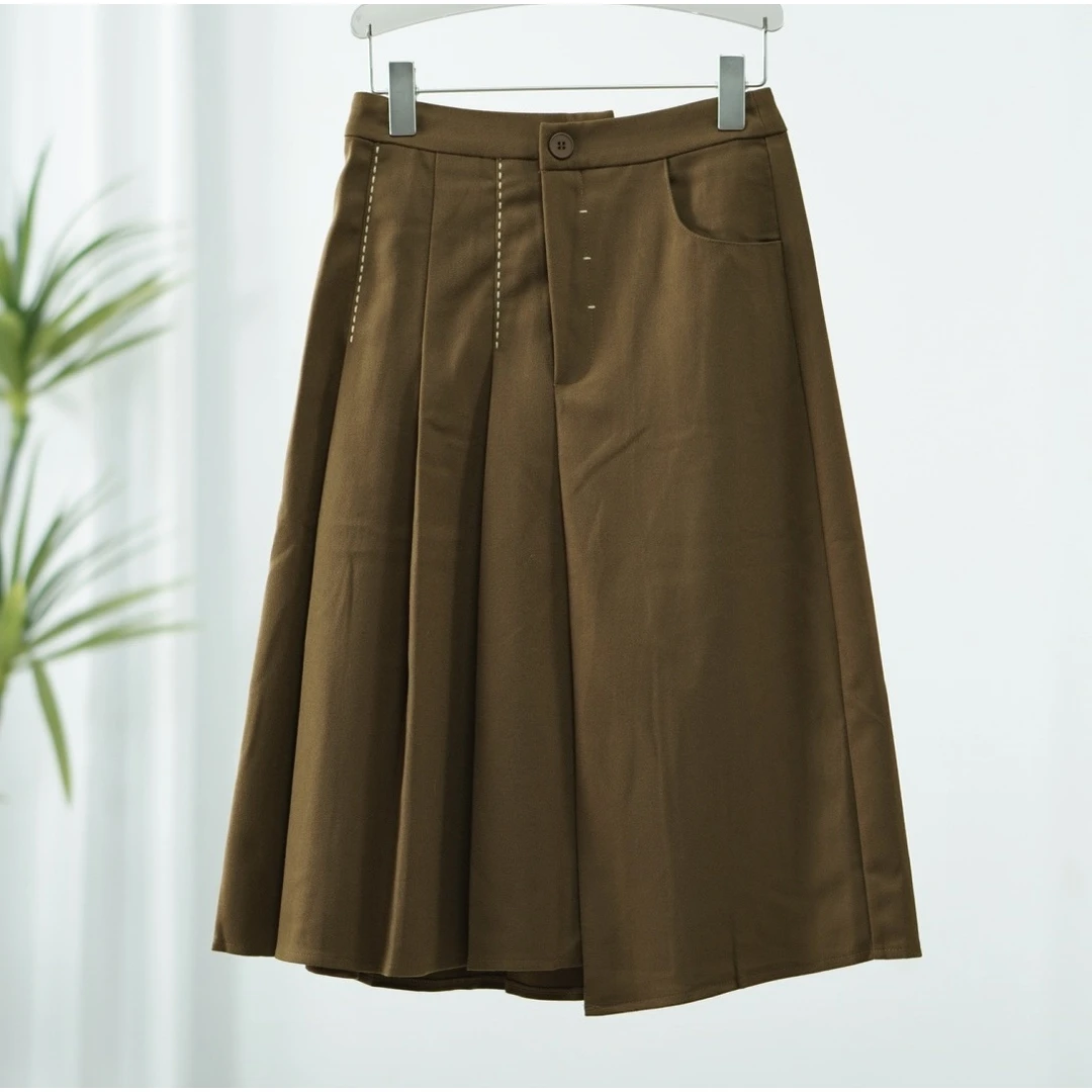 【诗M】O-477-1 女装秋冬撞色线拼褶半身裙咖啡色2513150