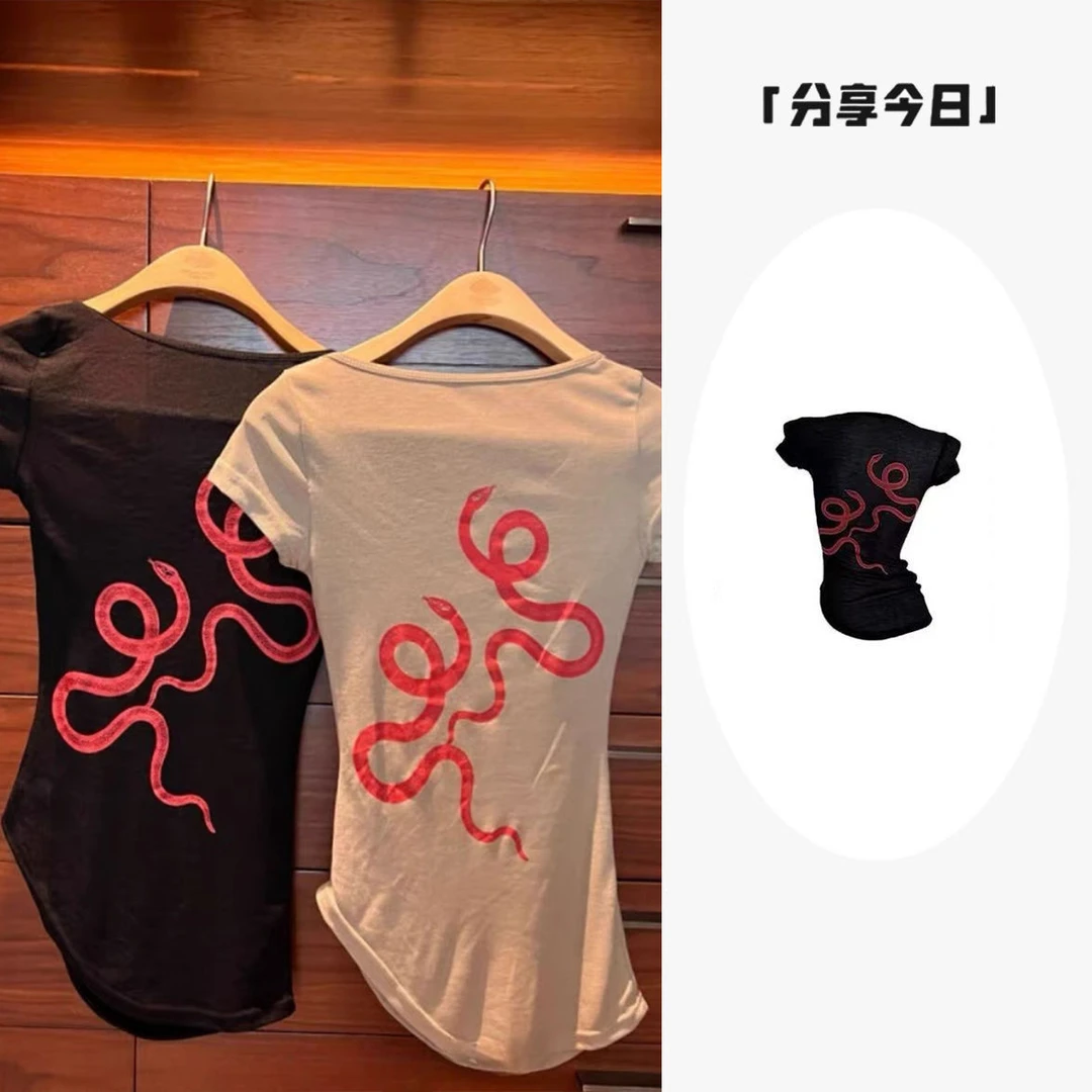 纯欲辣妹风短袖T恤女夏季薄款后背双蛇印花修身显瘦微透上衣潮流