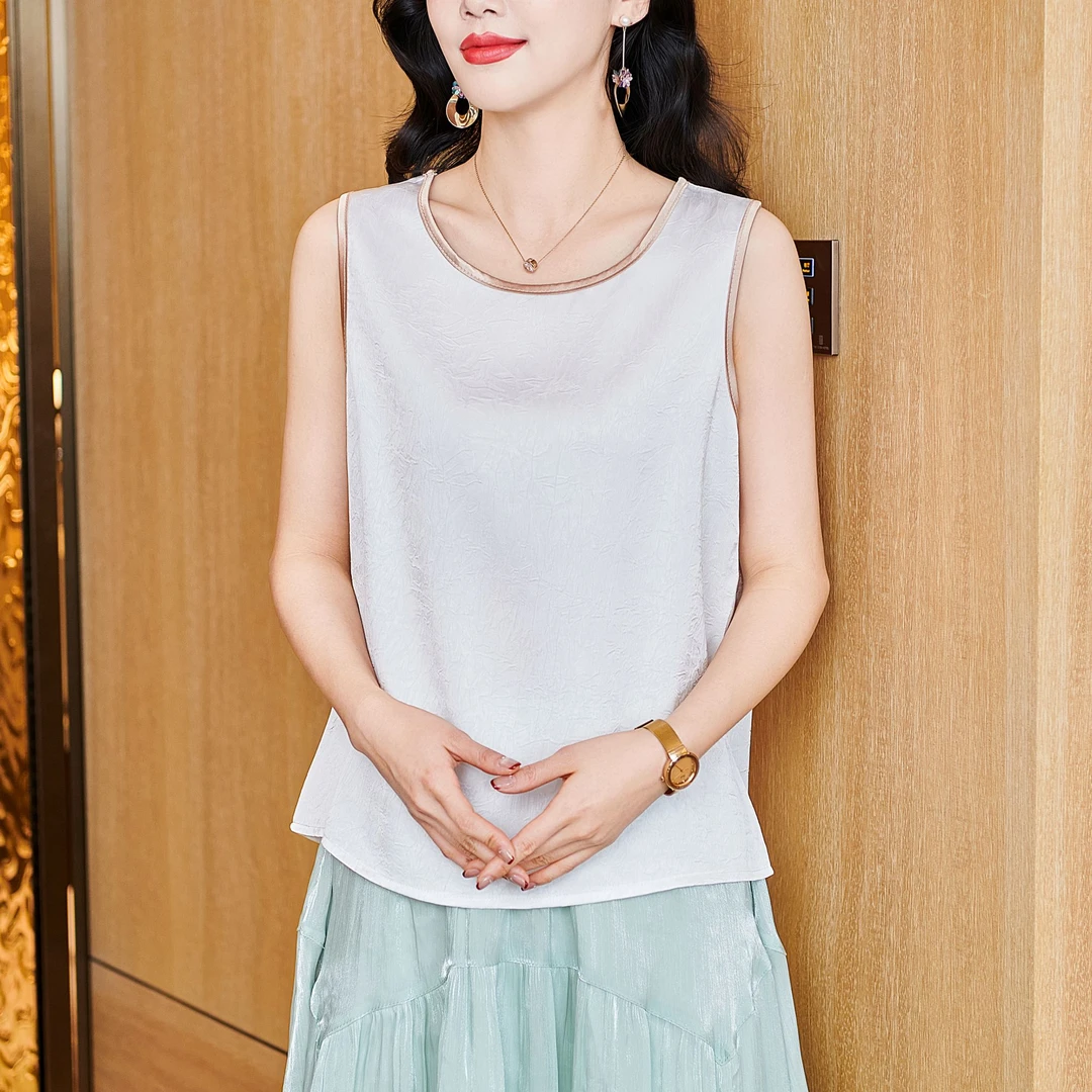 无袖背心女内搭圆领打底时尚纹理吊带背心宽松西装内搭夏外穿拼色