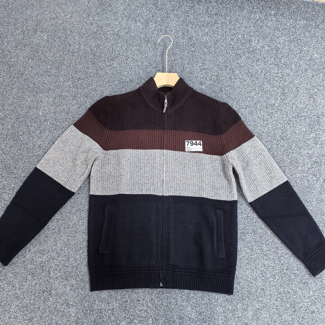 男士立领金属拉链咖灰蓝条纹羊毛开衫 针织衫