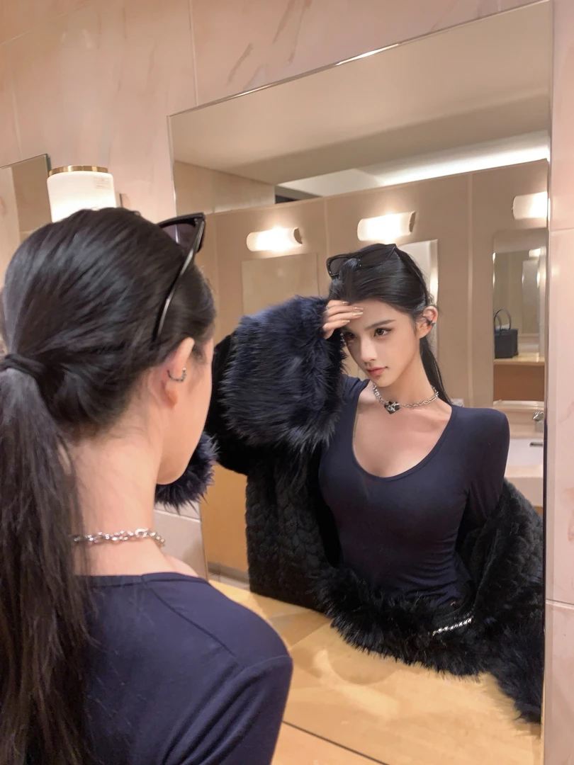 夏媛原创 蓝色基础款打底上衣女 舒适百搭修身显瘦长袖T恤女装