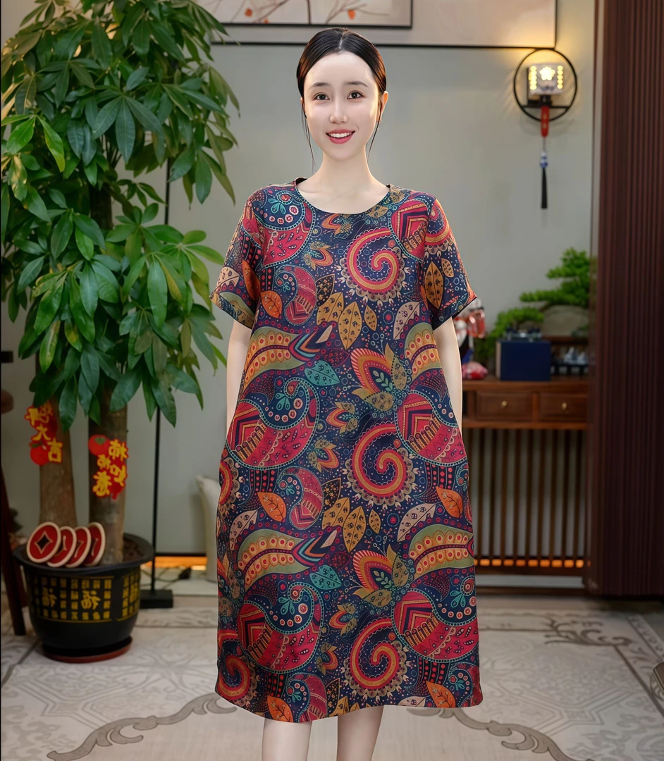 【禧禧家定制】红色腰果香云纱连衣裙J25073A-2