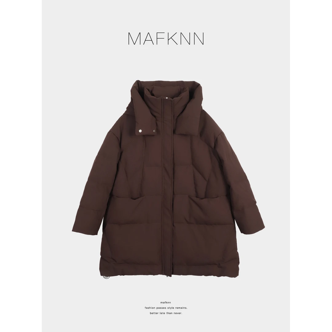 MAFKNN/玛肯时尚休闲简约纯色百搭中长款90白鹅绒羽绒服MK13745