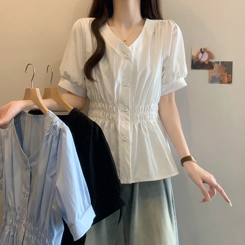 大码女装2025夏季新款褶皱收腰纯色短袖上衣微胖显瘦穿搭时尚潮流