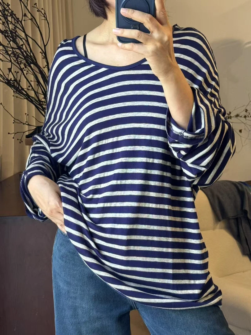 【条纹絮语】亚麻夏日松弛感宽松落肩袖条纹T恤慵懒显瘦防晒罩衫F17
