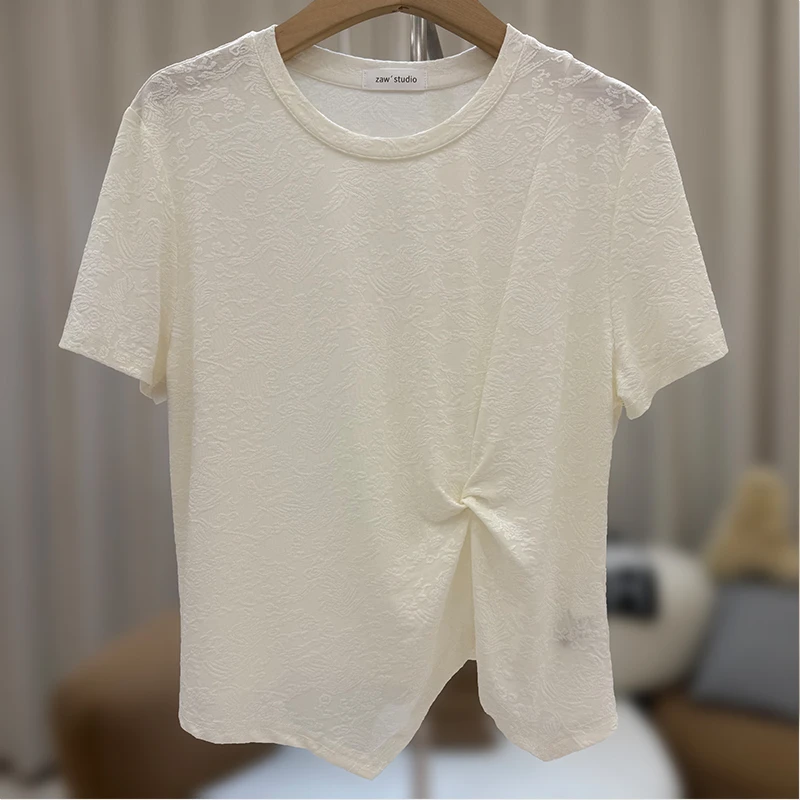 zaw大码女装正肩收腰短袖t恤女夏褶皱胖mm上衣遮肚子巨显瘦/25275