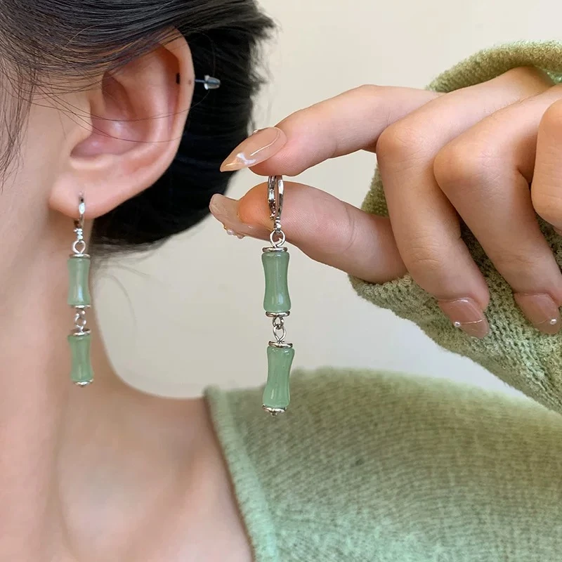 钛钢耳饰 绿色简约植物花卉纯色日韩女耳环复古国风小众1794