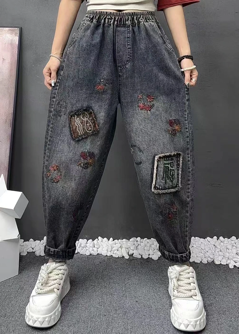N8517福字刺绣贴布重工文艺女牛仔裤显瘦休闲哈伦宽松大码水洗