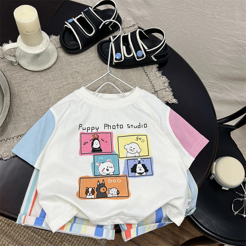 H894男童帅气可爱卡通短袖T恤套装2025夏装童休闲条纹裤子两件套