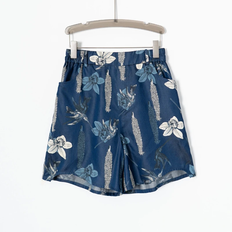 PK250460大码气质时尚裤子松紧腰直筒天丝仿牛仔印花度假风短裤