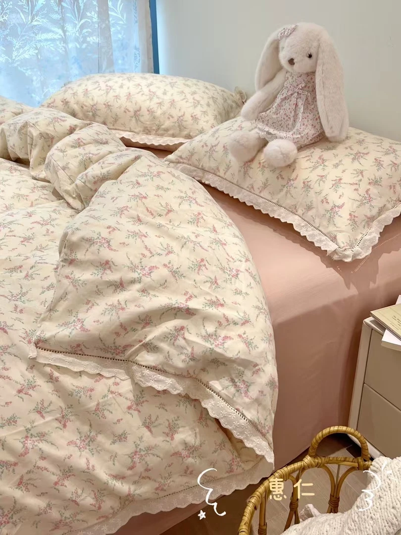 升级款全棉双层纱重工蕾丝花边母婴A类四件套 床单 被套 吸汗