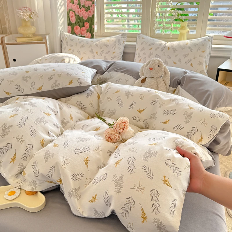 网红小清新印花四件套针织双层纱学生宿舍床单被套床上用品三件套