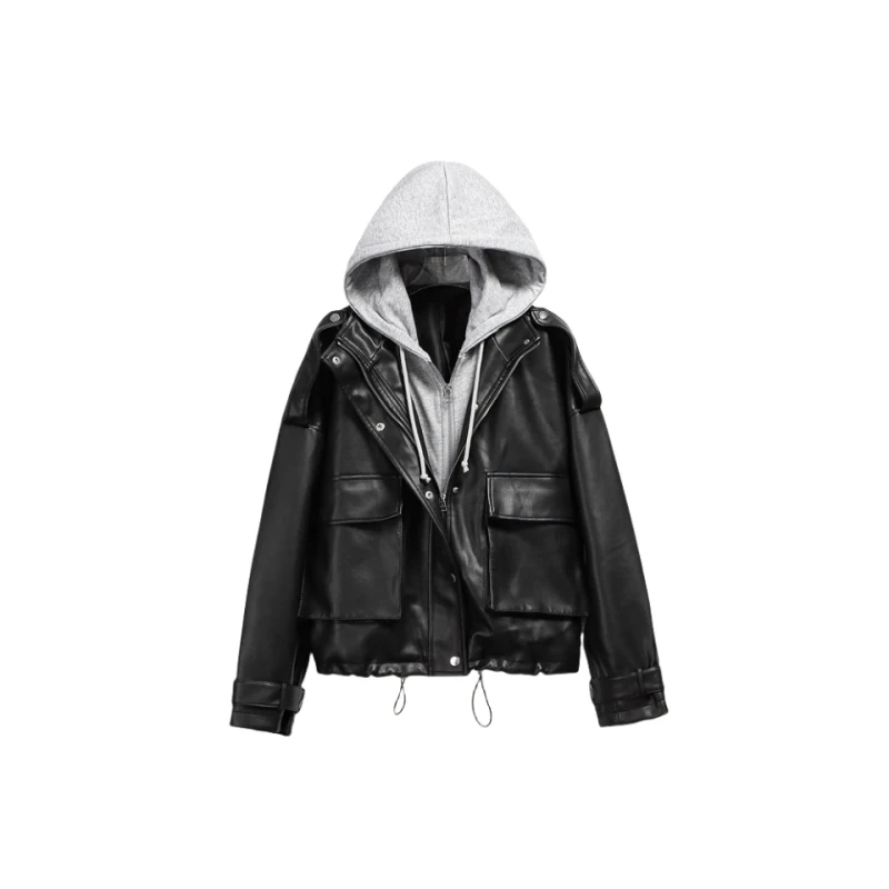 2025春秋季新款韩版长袖圆领外套连帽环保pu皮衣女假两件日系上衣