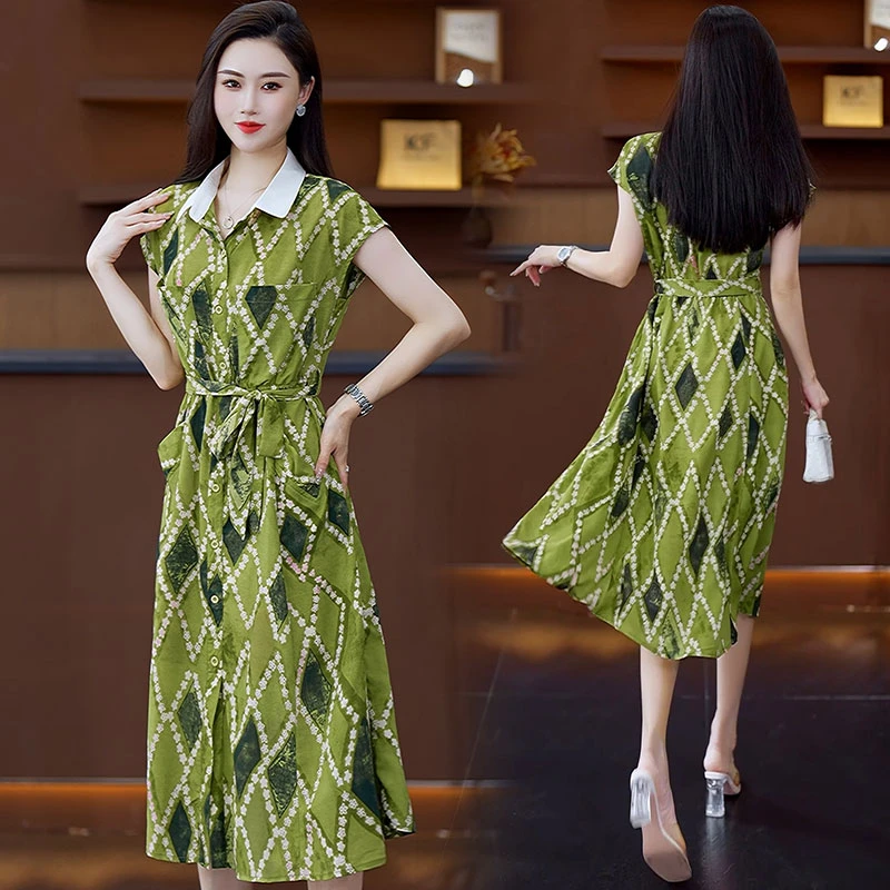 静奢风妈妈装A字裙长裙2025夏季新款收腰透气翻领印花法式连衣裙