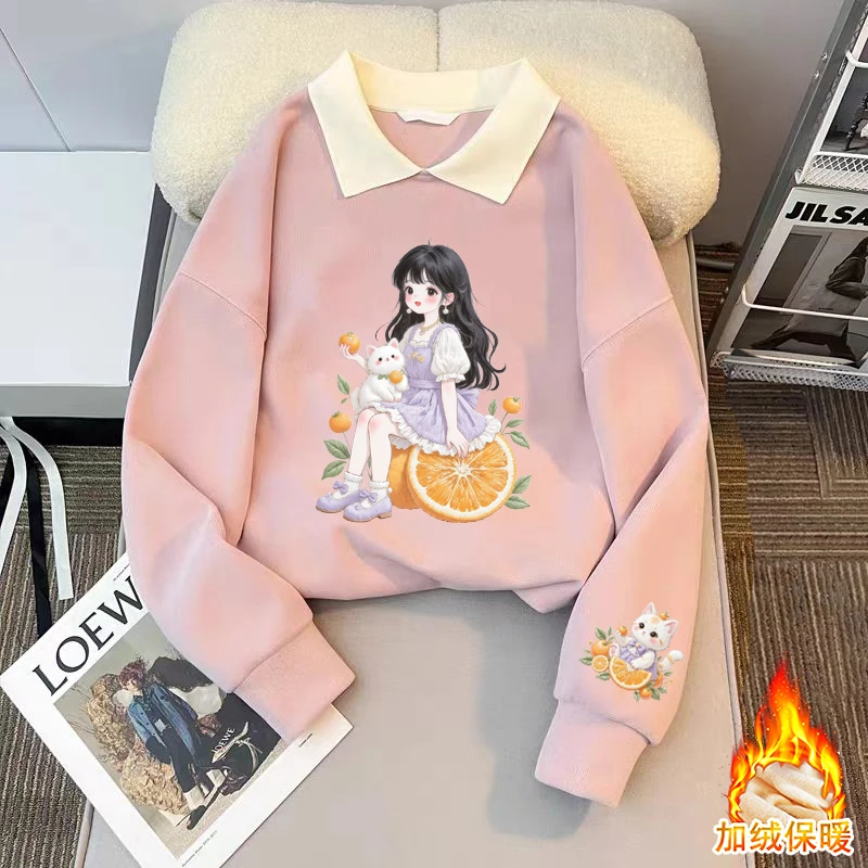 女童翻领卫衣秋冬2025新款洋气时尚童装潮流女童加绒衣服印花上衣