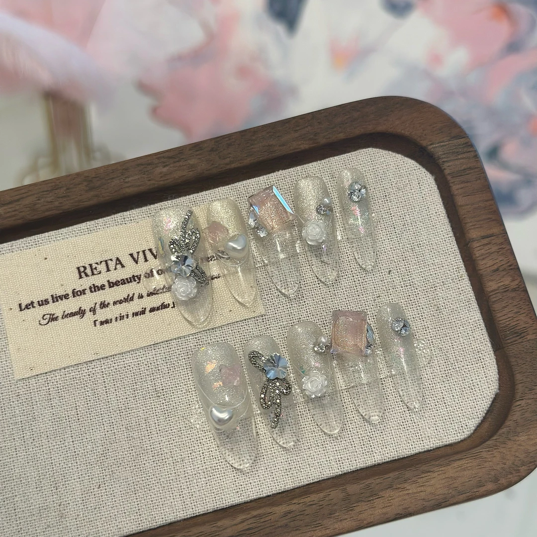 『雾境桃花』纯手工穿戴甲显白甲指甲可拆卸美甲超长梯新款爆闪大钻