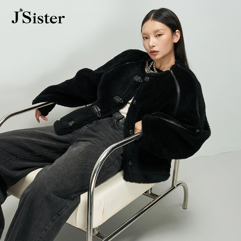 【黄蓉推荐】jsister 冬季新品 JS时尚黑色羊羔毛流行 短外套