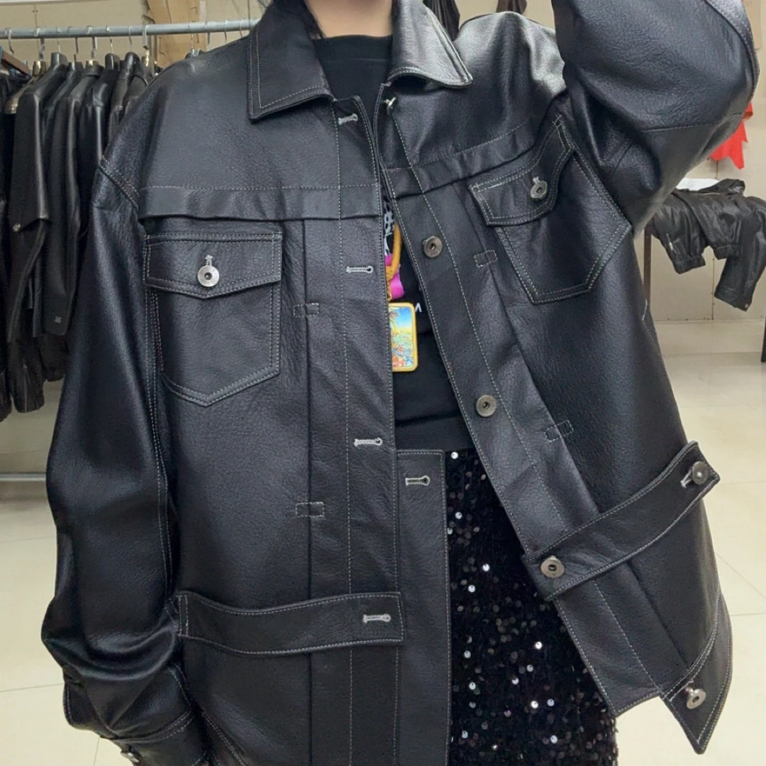 23006休闲风布鲁特山羊皮翻领落肩宽松真皮皮衣