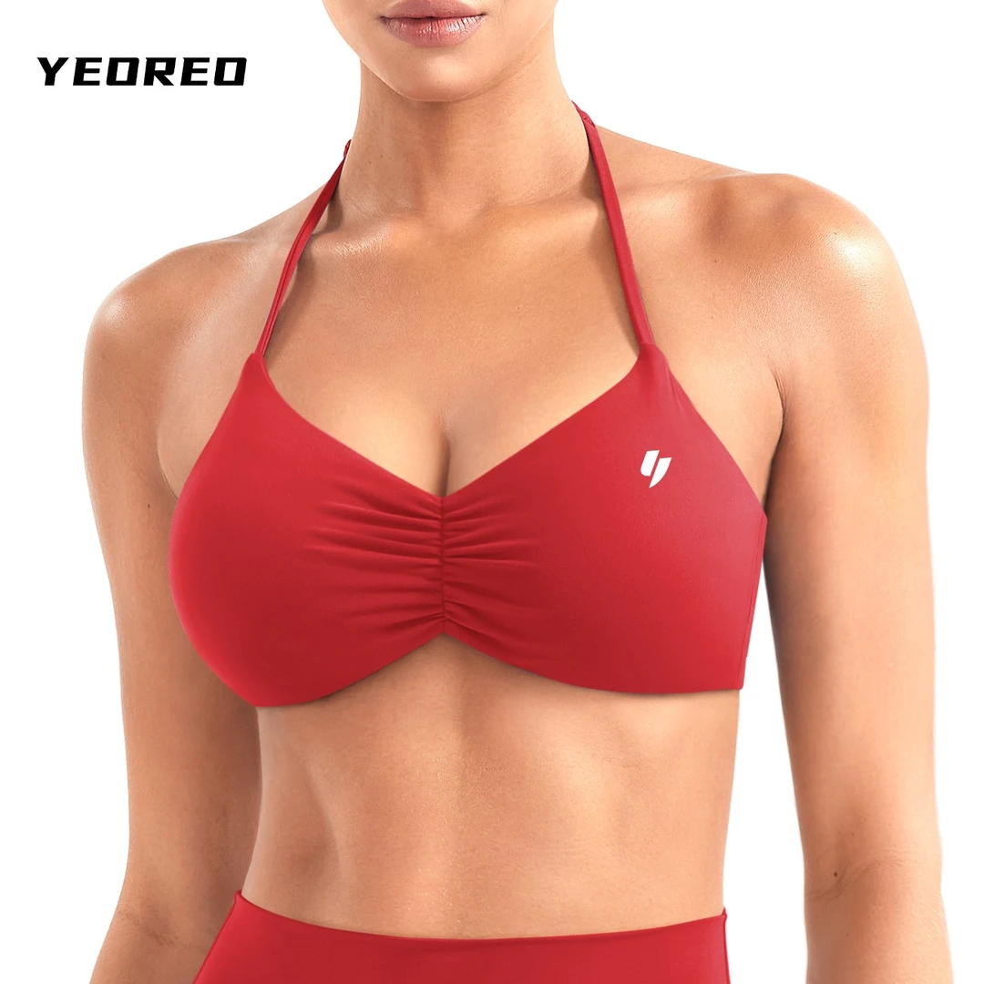 深V抽褶挂脖运动文胸大露背可调节运动健身瑜伽背心夏性感上衣