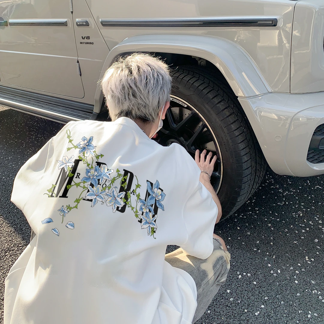 藤蔓花卉短袖男款夏季重磅潮牌美式高街t恤宽松慵懒风情侣七分袖