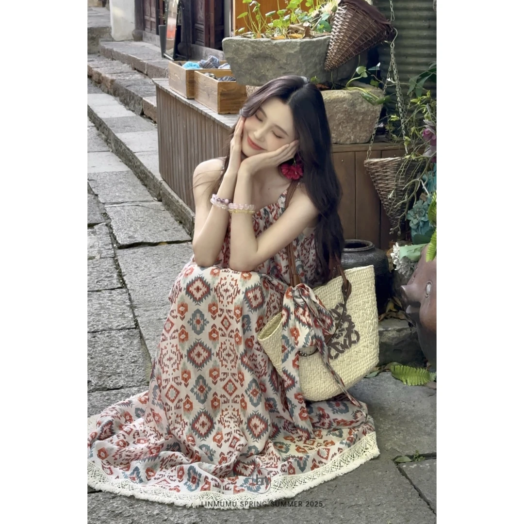 Lin/林木木 小众设计感度假风甜美前后可穿吊带连衣裙