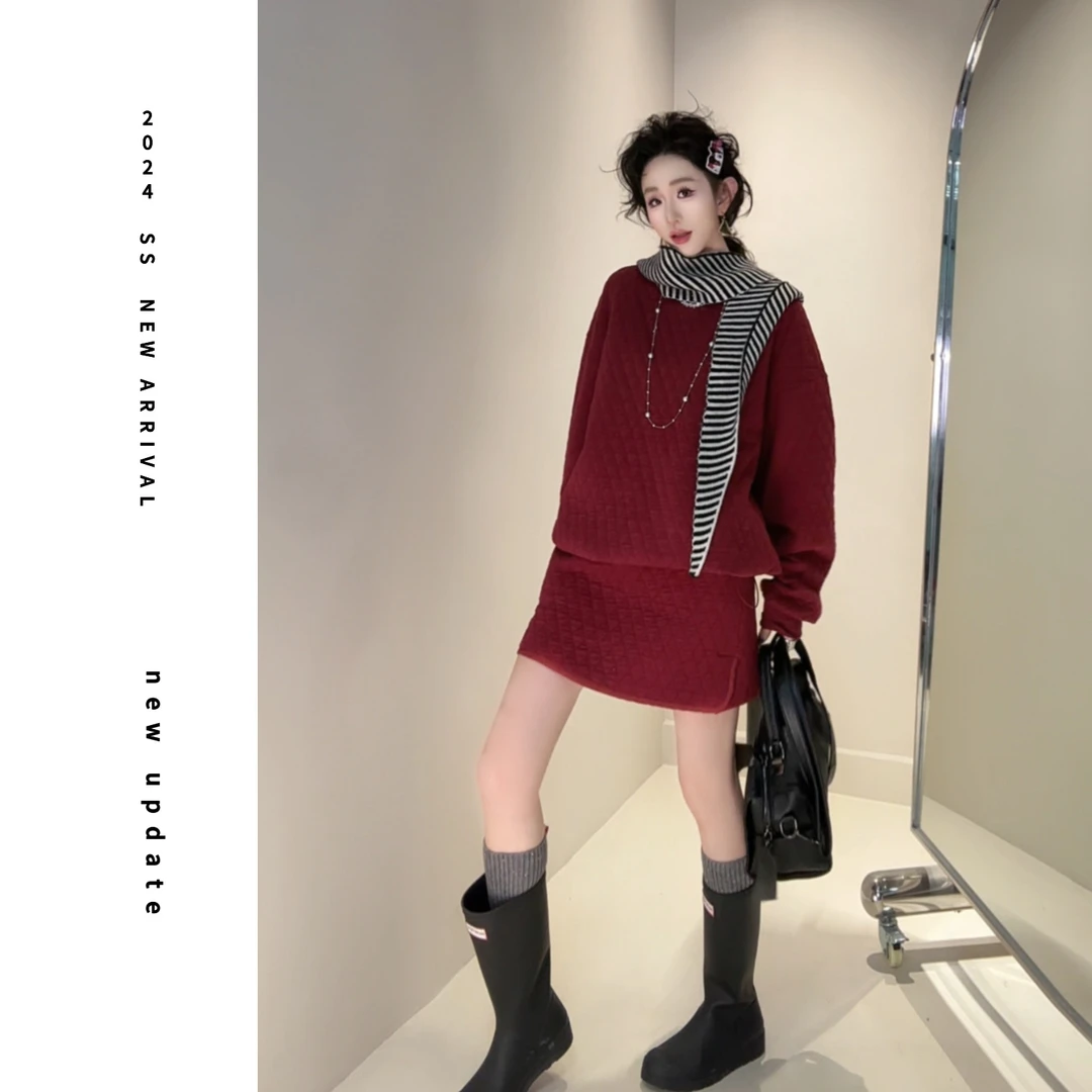 现货【颖子定制】白霜落雪~菱格夹棉卫衣女别致松紧腰棉裙套装 6561