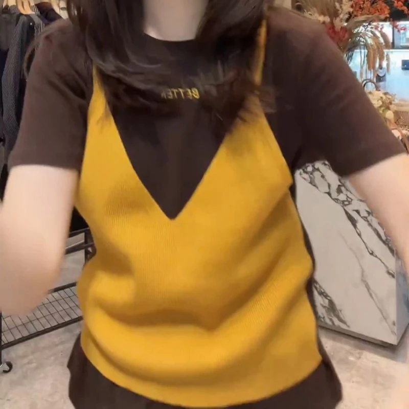 【油画少女】秋季洋气炸街女装时尚假两件短袖圆领T恤LK2506153