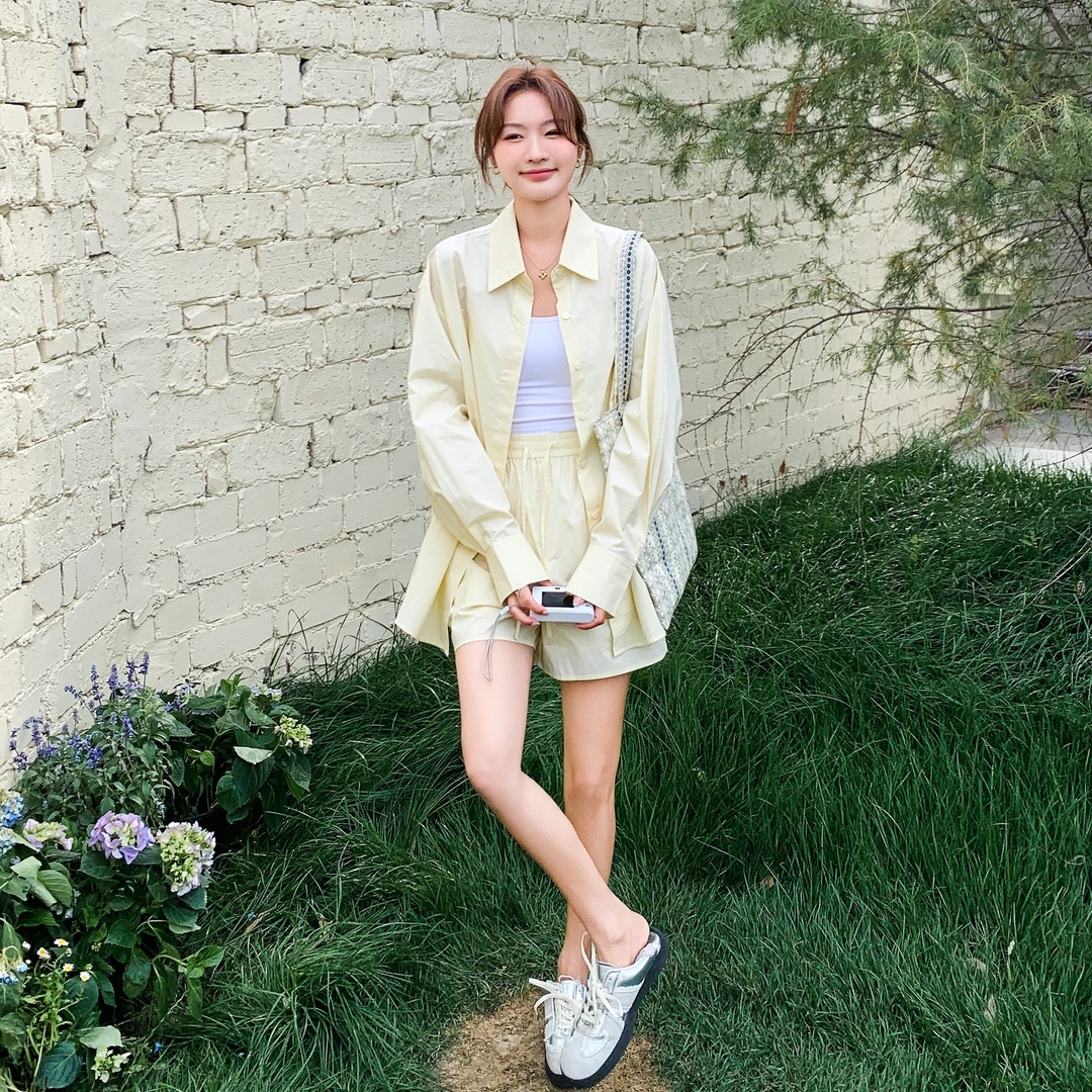 现货--浅黄色防晒衬衣套装1737-135-K198韩范气质春夏装