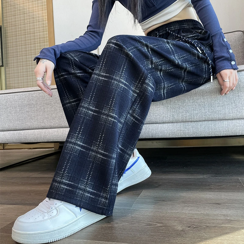 小个子九分裤女2025新款春秋季高腰显瘦窄版阔腿直筒休闲格子裤子