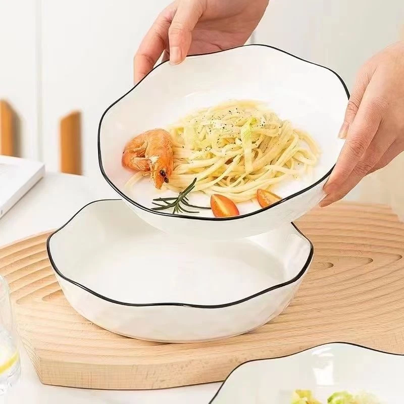 家用陶瓷盘子ins高颜值8英寸荷叶玫瑰加厚深盘菜盘饭盘碟子餐盘