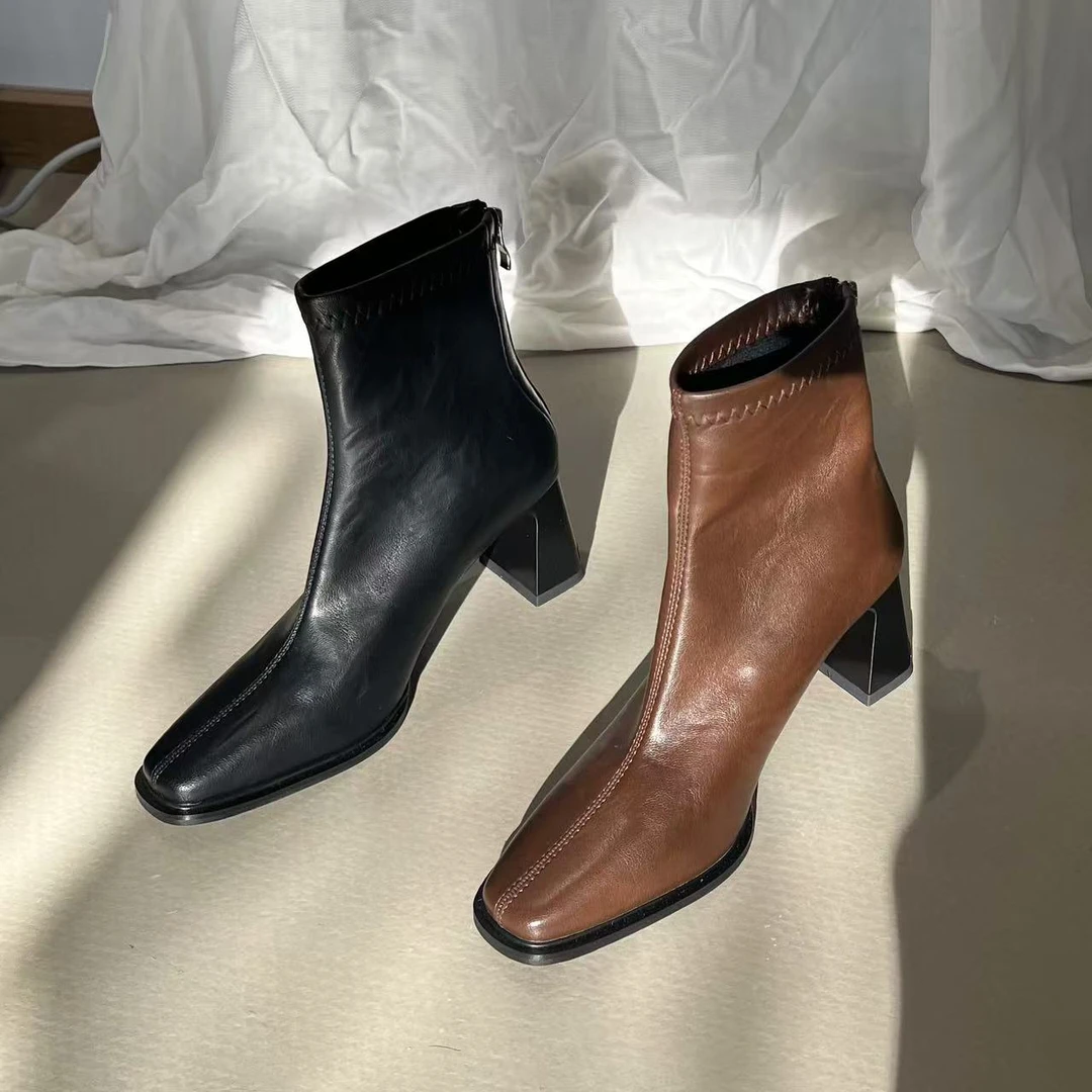 粗跟短靴女2025早春秋冬瘦瘦靴女靴高跟鞋马丁靴复古方头短筒靴