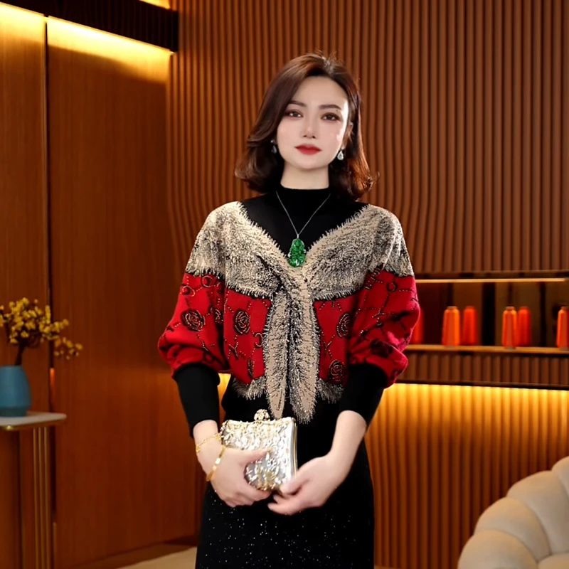 【山楂花】2025年秋冬百搭定位印围巾花时尚百搭抗起球中领修身毛衣