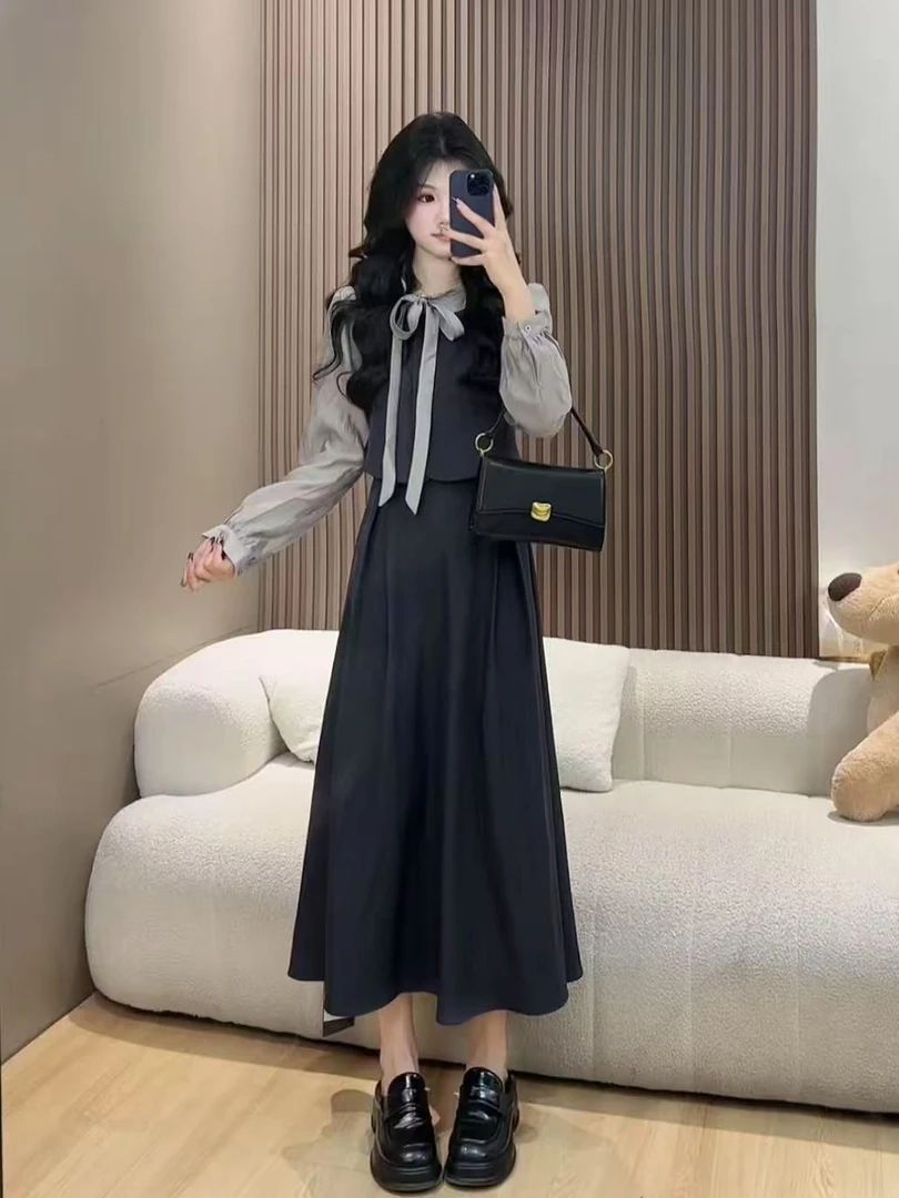 法式学院风假两件连衣裙2025早秋新款高级感穿搭衬衫长裙AM25957